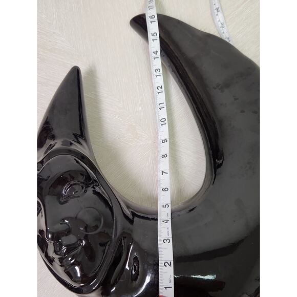 Vintage 80s Black Vase Black Ceramic Crescent Moon Shaped Vessel Pierrot Face - Picture 10 of 11